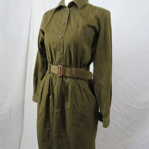 Vintage Charter Club Petites Olive Green Utility Shirt Dress | Size 10P xs/s - Picture 2 of 5